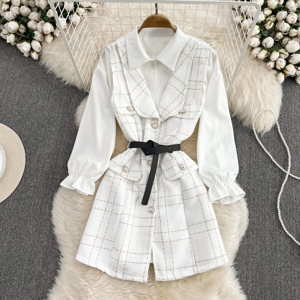 Set din tweed Dianis alb - compus din camasa, curea si rochie