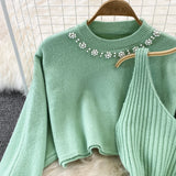 Set Redonita verde din tricot fin -  compus din rochie si pulover