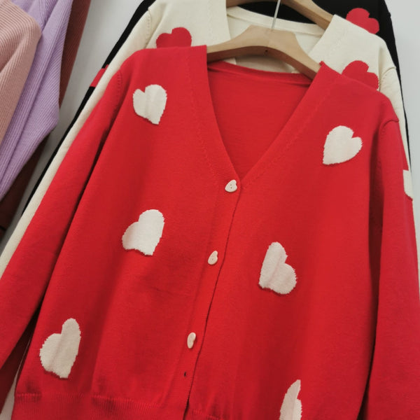 Cardigan Zizan rosu din tricot fin, imprimat cu inimioare