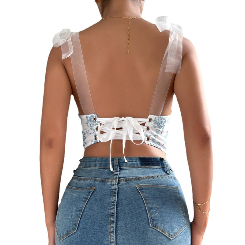 Top Leilani alb cu bretele din tulle