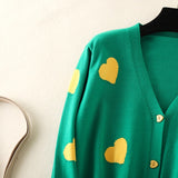 Cardigan Zizan verde din tricot fin, imprimat cu inimioare