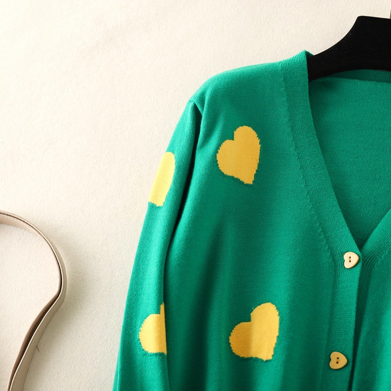 Cardigan Zizan verde din tricot fin, imprimat cu inimioare