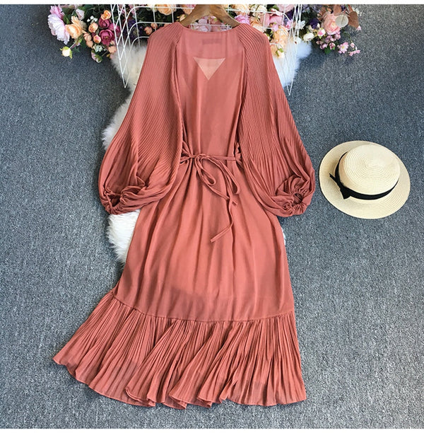 Rochie Abrianna caramizie cu jupon detasabil si pliuri lejere si cordon subtire in talie