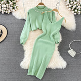 Set Redonita verde din tricot fin -  compus din rochie si pulover