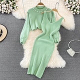 Set Redonita verde din tricot fin -  compus din rochie si pulover