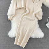 Set Redonita crem din tricot fin -  compus din rochie cu bretele si pulover cu decolteu accesorizat