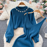 Set Redonita albastru din tricot fin -  compus din rochie cu bretele si pulover cu decolteu accesorizat