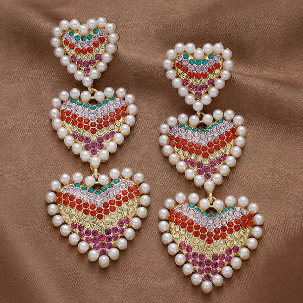 Cercei lungi in forma de inima cu perle si pietre colorate