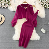 Set Redonita violet din tricot fin -  compus din rochie cu bretele si pulover cu decolteu accesorizat