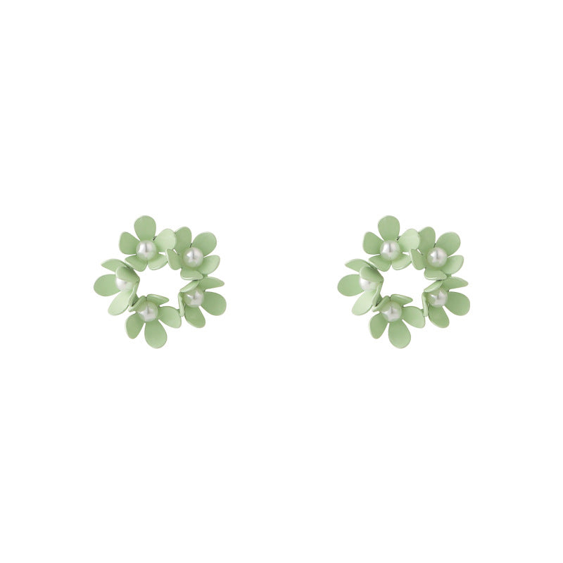 Cercei geometrici mici verde mint cu flori si perle