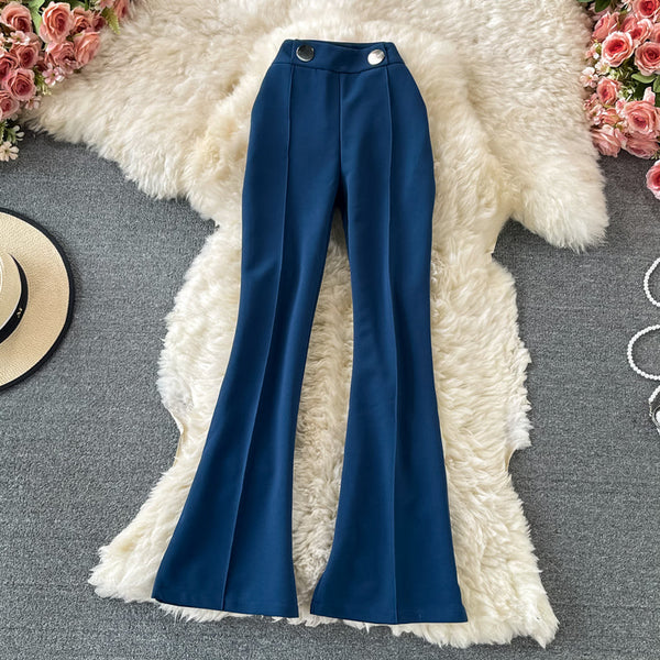 Pantaloni evazati Zeona albastri cu talie inalta accesorizata cu nasturi si fermoar lateral