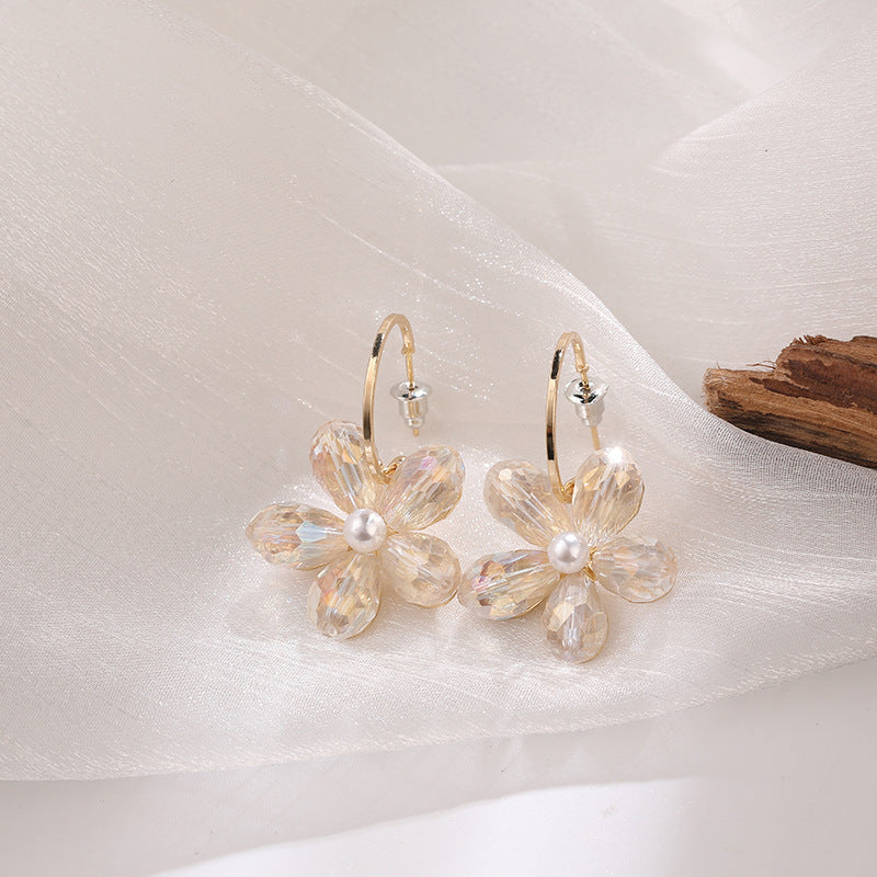 Cercei cu cristale in forma de floare si perla, ace de argint S925