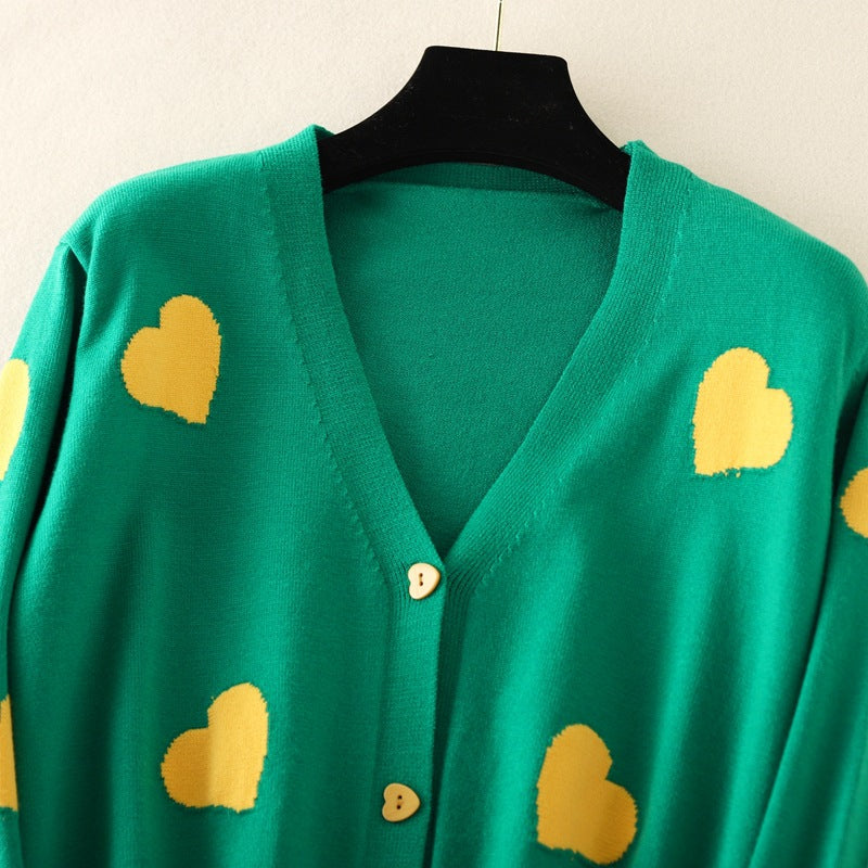 Cardigan Zizan verde din tricot fin, imprimat cu inimioare