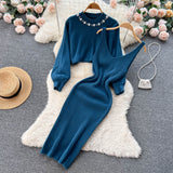 Set Redonita albastru din tricot fin -  compus din rochie cu bretele si pulover cu decolteu accesorizat