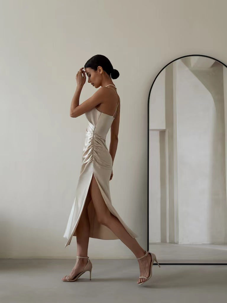 Rochie Rolina crem din satin