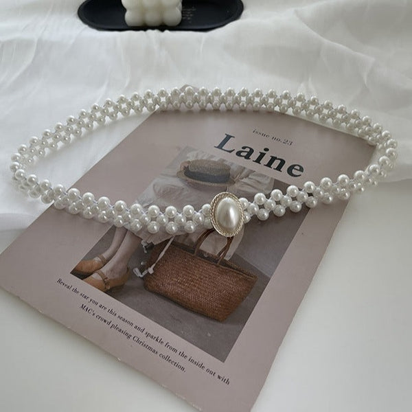 Curea elastica din perle, cu catarama perla ovala