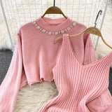 Set Redonita roz din tricot fin -  compus din rochie  si pulover