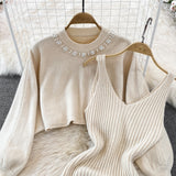 Set Redonita crem din tricot fin -  compus din rochie cu bretele si pulover cu decolteu accesorizat