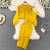 Set Redonita galben din tricot fin - compus din rochie cu bretele si pulover cu decolteu accesorizat