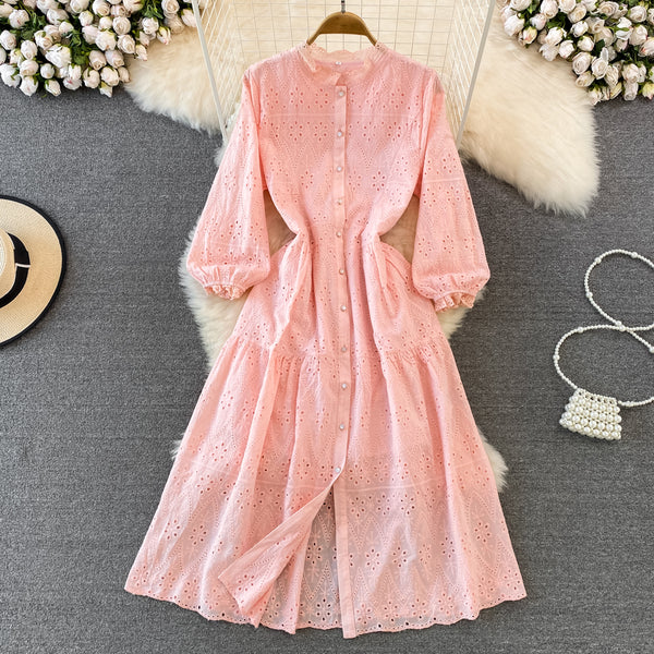 Rochie Malinda roz din dantela brodata