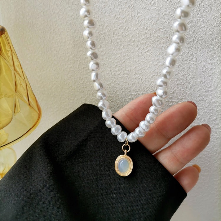 Colier cu perle si pandantiv geometric opal