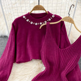 Set Redonita violet din tricot fin -  compus din rochie cu bretele si pulover cu decolteu accesorizat