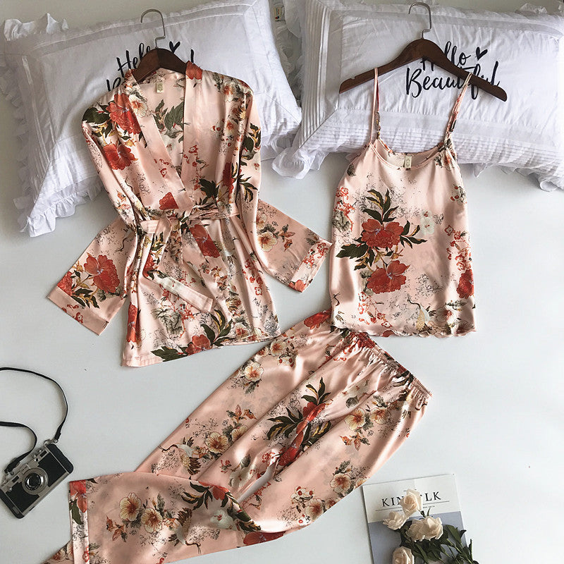 Set Ilma roz din tesatura satinata cu imprimeu floral- 3 piese