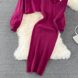 Set Redonita violet din tricot fin -  compus din rochie cu bretele si pulover cu decolteu accesorizat