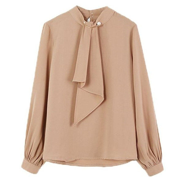 Bluza Edelina bej cu guler accesorizat si maneci lungi cu mansete late si nasturi