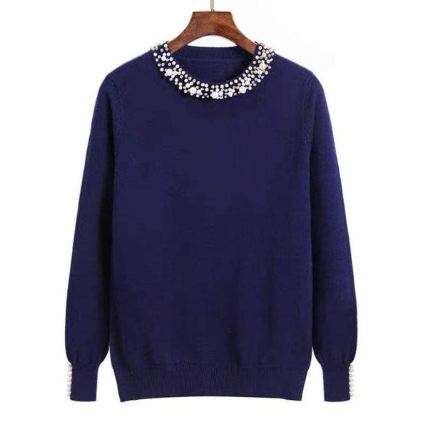 Pulover Rosemary bleumarin, din tricot moale cu decolteu si mansete accesorizate cu perle
