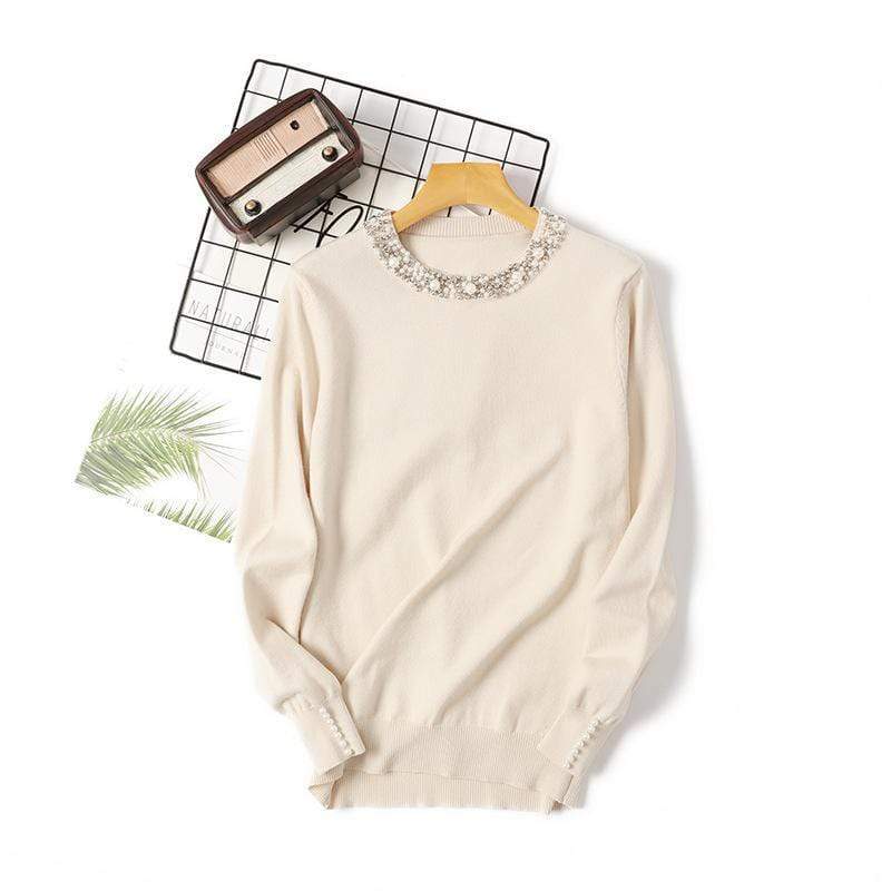 Pulover Rosemary crem din tricot moale cu decolteu si mansete accesorizate cu perle