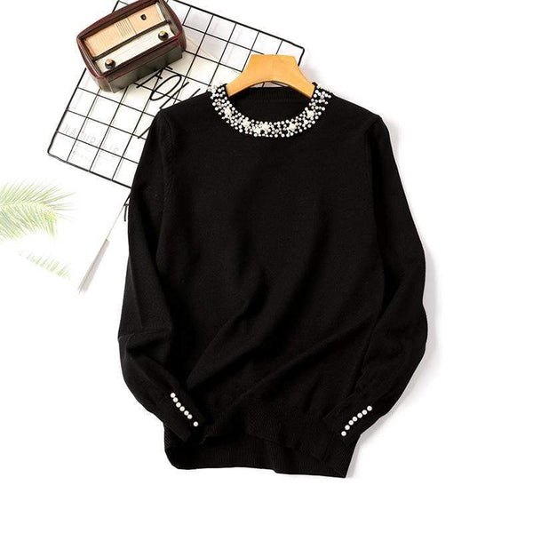 Pulover Rosemary negru din tricot moale cu decolteu si mansete accesorizate cu perle