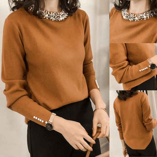 Pulover Rosemary maro din tricot moale cu decolteu si mansete accesorizate cu perle