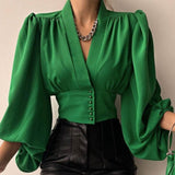 Camasa tip corset Antonella neagra cu decolteu in V, nasturi accesorizati si maneci bufante