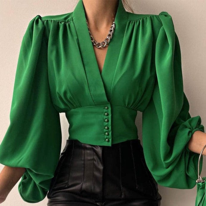 Camasa tip corset Antonella neagra cu decolteu in V, nasturi accesorizati si maneci bufante