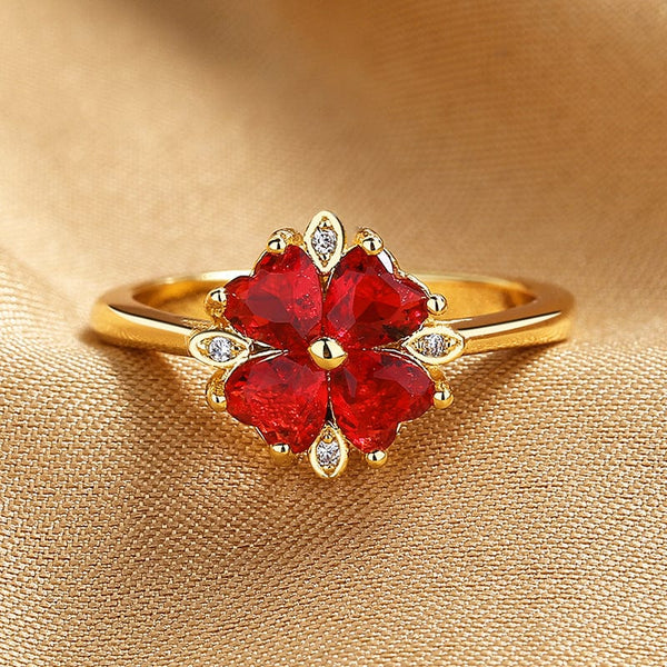 Inel floare cu 4 petale din cristale rosii si pietre zirconiu