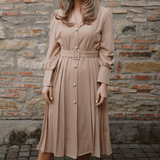 Rochie Athalia bej, cu curea in talie si mansete cu nasturi