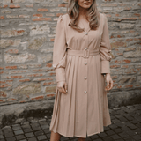 Rochie Athalia bej, cu curea in talie si mansete cu nasturi