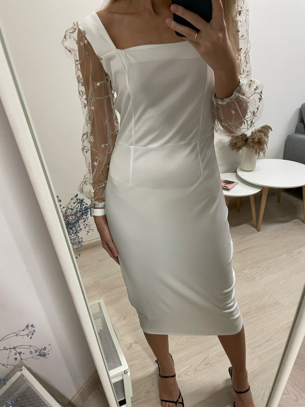 Rochie Geneva alba cu maneci din dantela