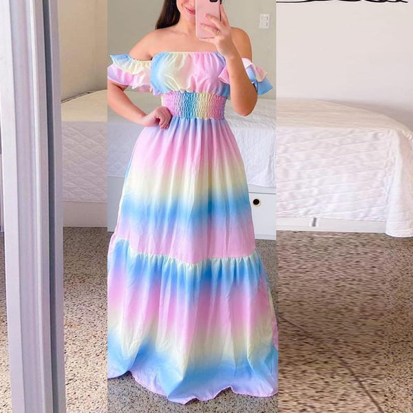 Rochie Odana cu imprimeu multicolor si elastic in talie