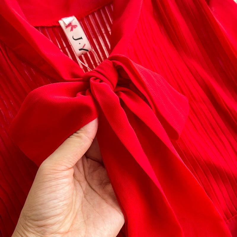 Rochie midi Ronda rosie, din voal cu nasturi si nod tip funda in fata