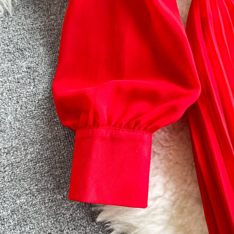 Rochie midi Ronda rosie, din voal cu nasturi si nod tip funda in fata