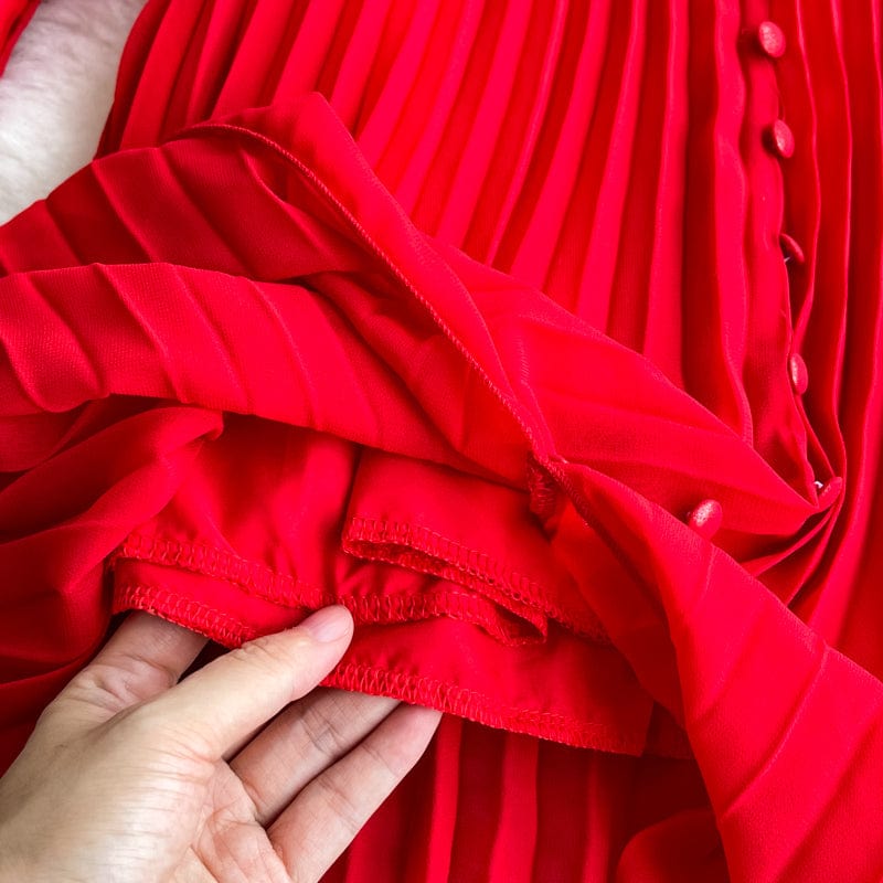 Rochie midi Ronda rosie, din voal cu nasturi si nod tip funda in fata
