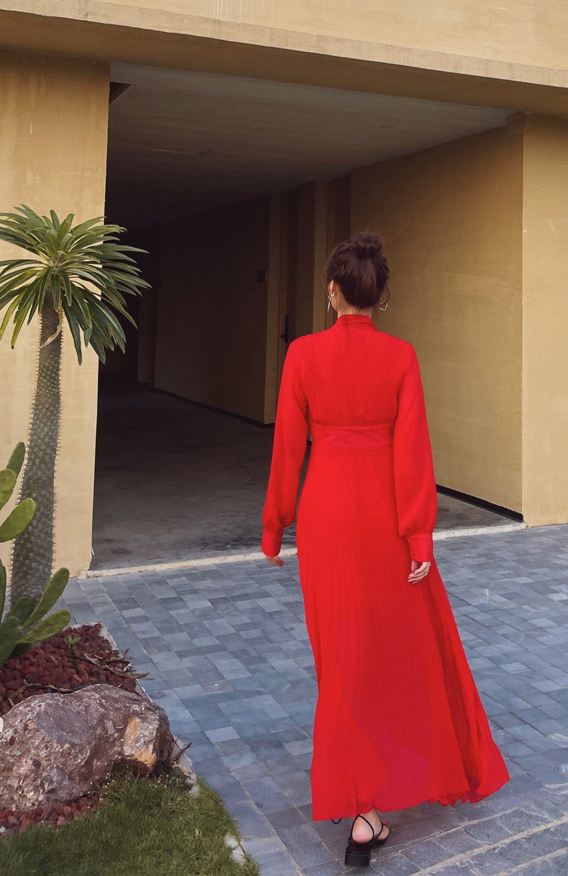 Rochie midi Ronda rosie, din voal cu nasturi si nod tip funda in fata