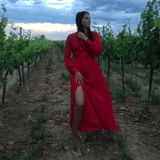 Rochie midi Ronda rosie, din voal cu nasturi si nod tip funda in fata
