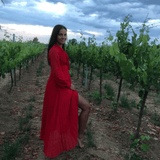 Rochie midi Ronda rosie, din voal cu nasturi si nod tip funda in fata
