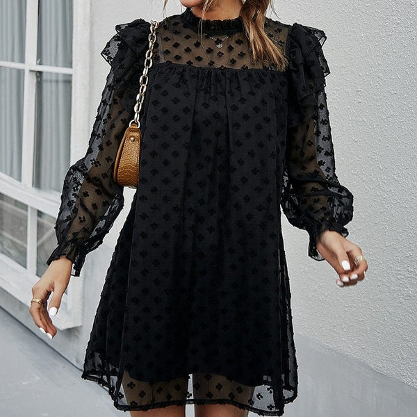 Rochie Teya neagra din voal cu maneci usor bufante cu volanase si mansete elastice